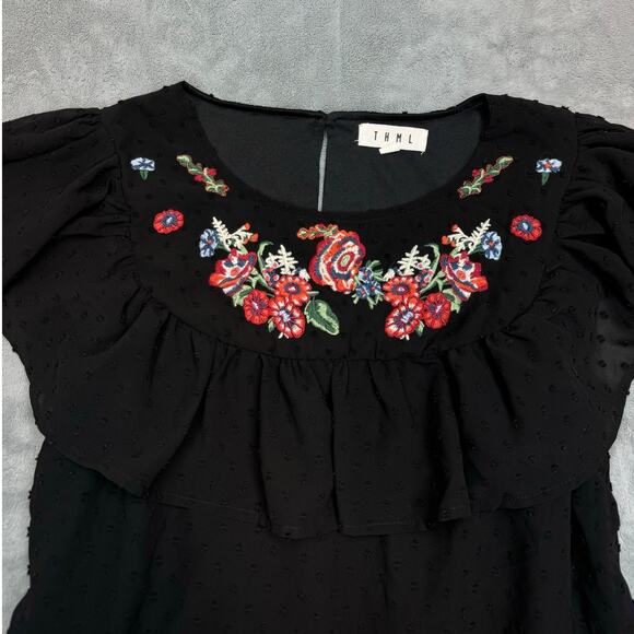 THML Charlotte Black Swiss Dot Embroidered Floral Ruffle Blouse Boho Medium - Picture 2 of 10